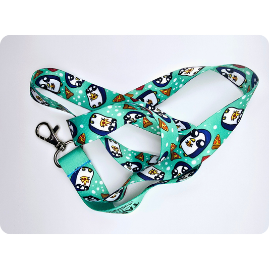 Penguin with pizza lanyard
